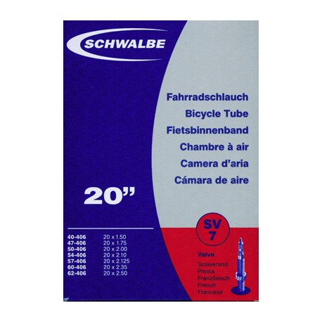 Chambre à air valve Presta pour vélo 20 x 1.50 - 2.50 Schwalbe